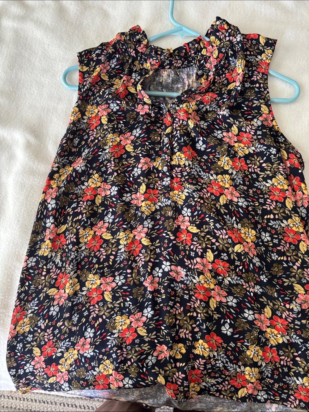 LOFT Black Floral Sleeveless Ruffle Neck Tank Top
